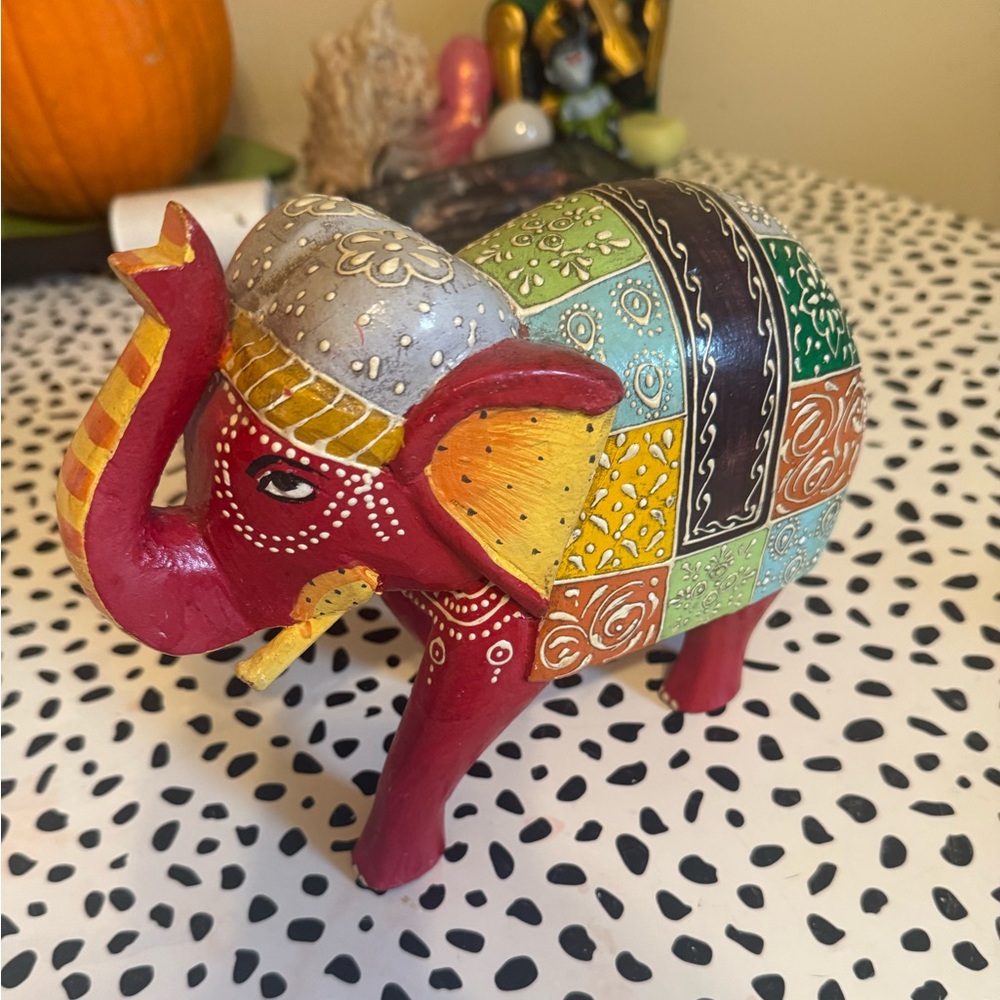 Vintage Hand Painted Carved Wooden Indian Elephant
